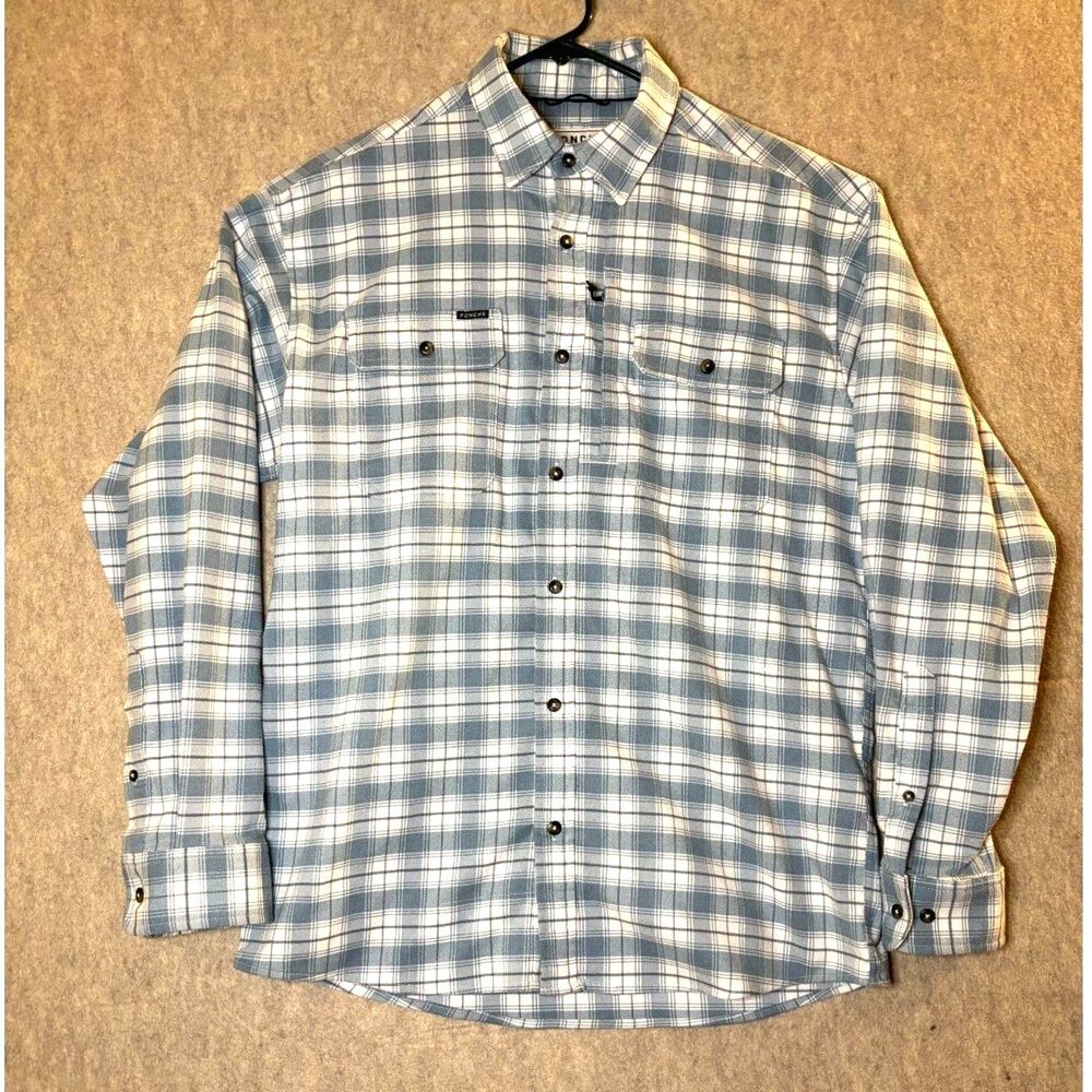 Poncho Outdoors Mens M Blue Plaid Flannel Shirt Magnetic Pockets